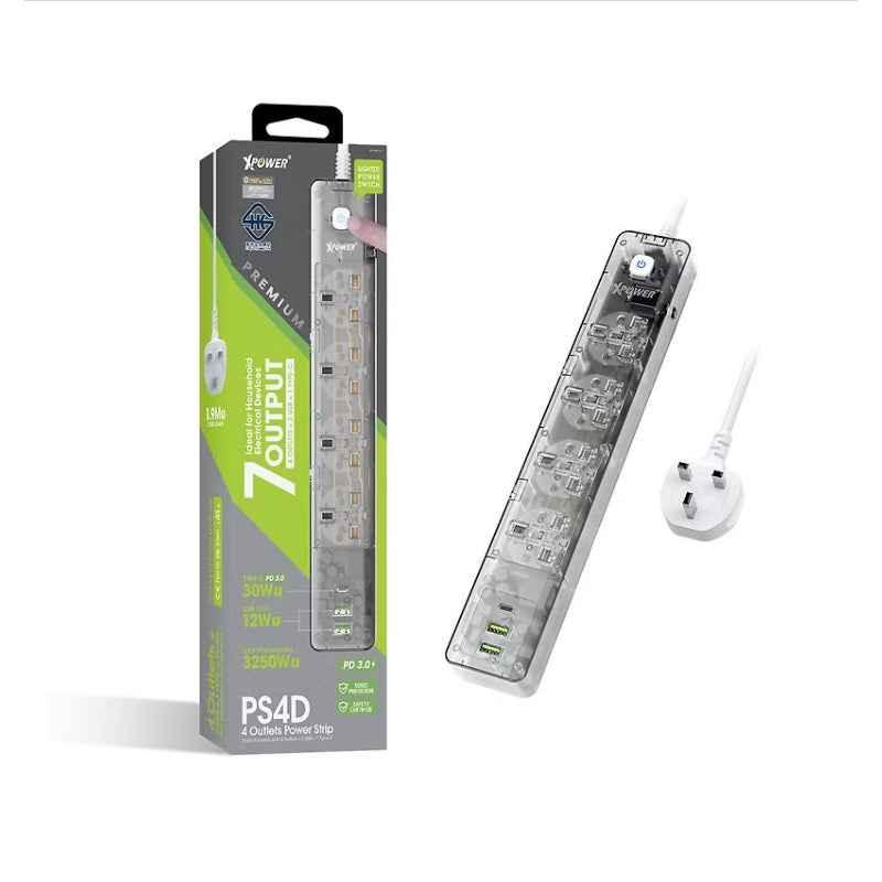 XPower PS4D 3250W 7 Output 2 Usb + 1 Type-C + 4 Uk Sockets Power Strip - Transparent Black XPower PS4D 3250W 7 Output 2 Usb + 1 Type-C + 4 Uk Sockets Power Strip - Transparent Black
